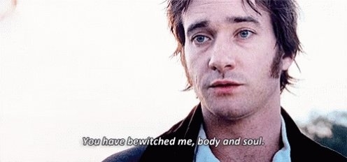 Actor portraying Mr. Darcy in a period film appears heartfelt with the caption from a famous romantic declaration