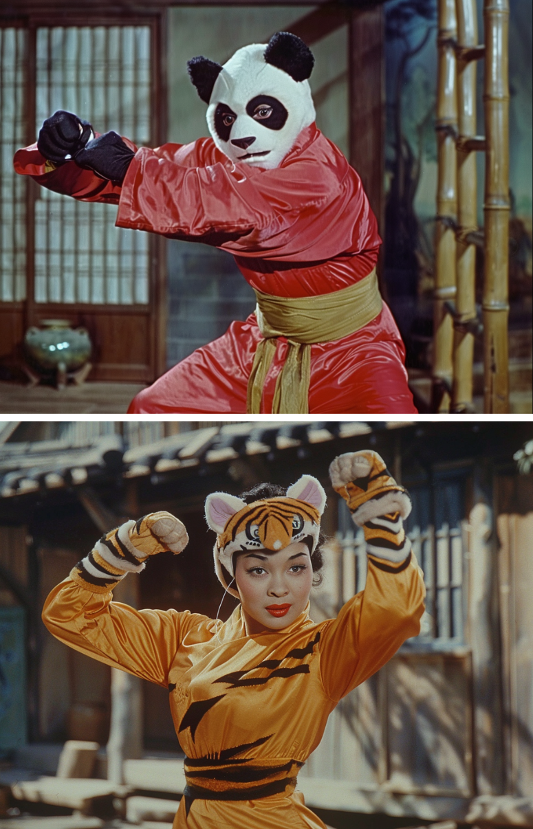 Top: Person in panda costume practicing martial arts. Bottom: Person in tiger costume in a fighting stance
