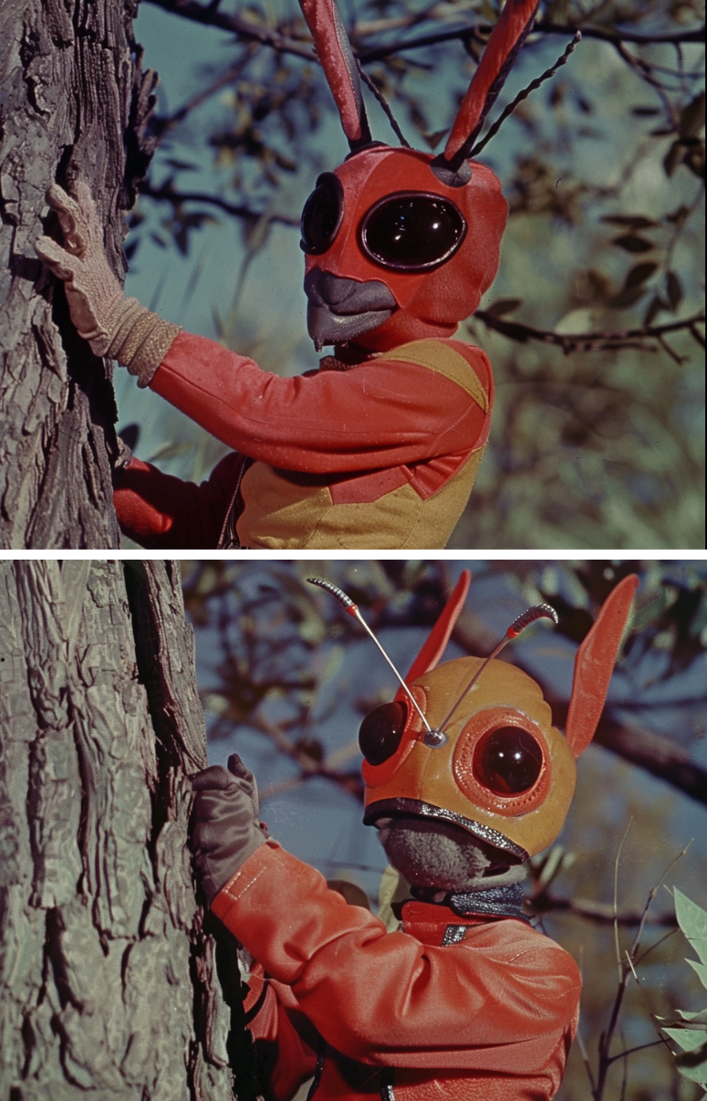 Two people in ant-themed costumes with helmet, climbing a tree