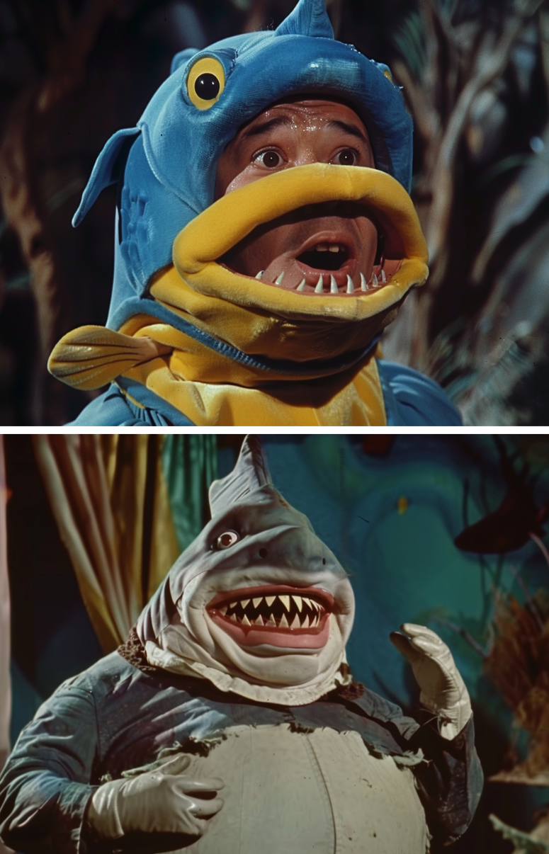 Man in shark costume with mouth open in shock, below another shark costume with a wide grin