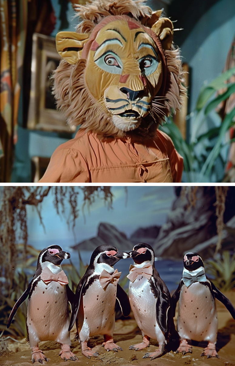Top: Cowardly Lion character from The Wizard of Oz. Bottom: Three animated penguins