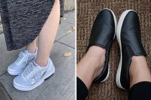 Person in gray skirt wearing light sneakers; another in black slip-on shoes, focus on footwear for style comparison