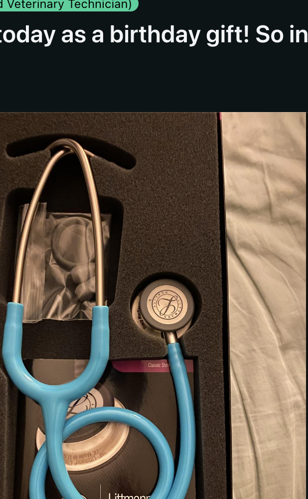 A teal stethoscope lies on a textured surface; text celebrates it as a birthday gift