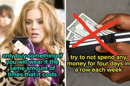 Split image: Left, woman startled; Right, hand holding cash in wallet with text on money-saving tips