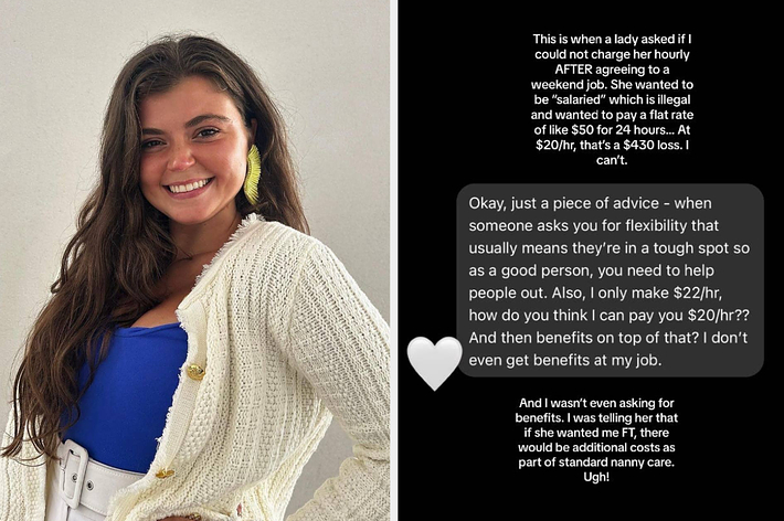 Woman smiling in a textured sweater next to a screenshot of a text message conversation about unfair work compensation