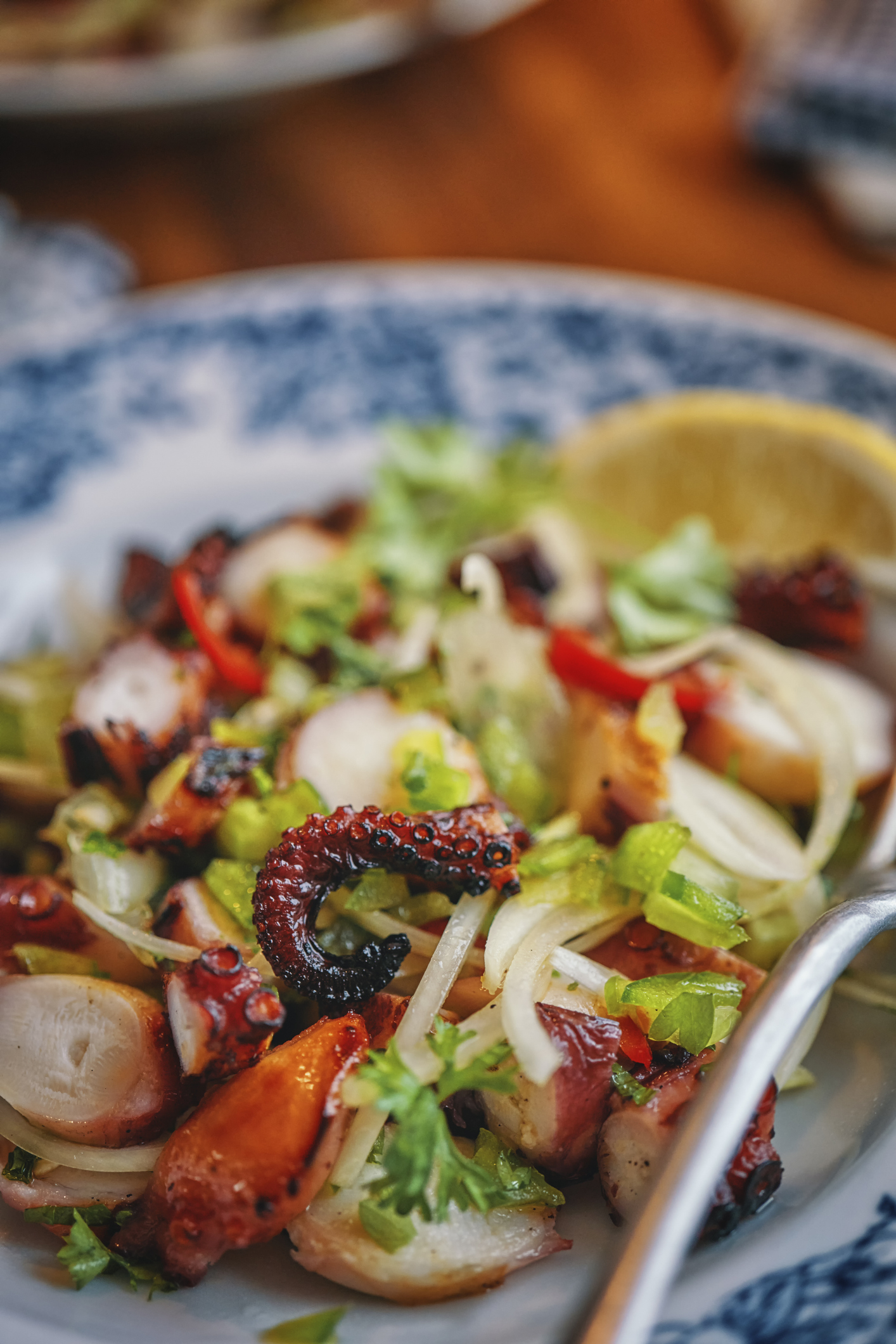 A close-up of a fresh octopus salad with sliced vegetables and a lemon wedge