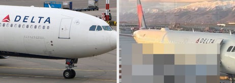 デルタ航空の飛行機が空港でグランドサポートを受けている。