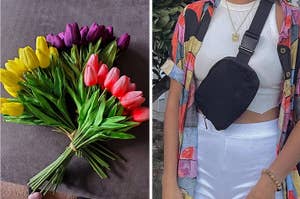 Bouquet of faux tulips. Person in patterned shirt with crossbody bag, white crop top, and pants