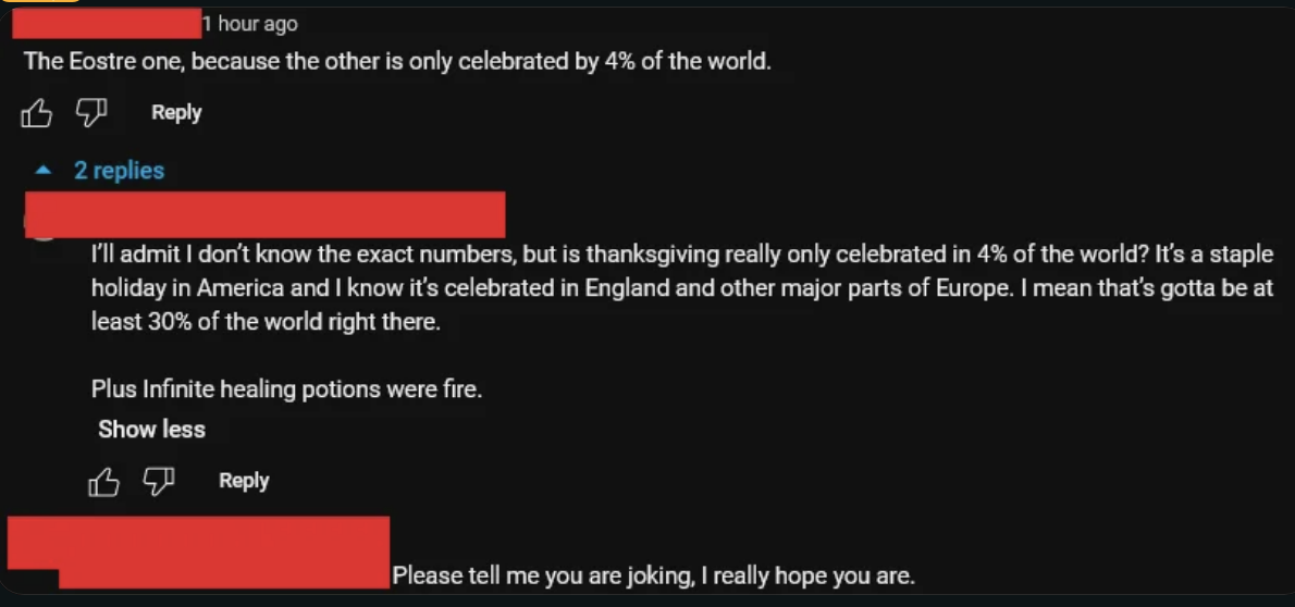 Comment section from a social media post discussing holidays with some comments redacted