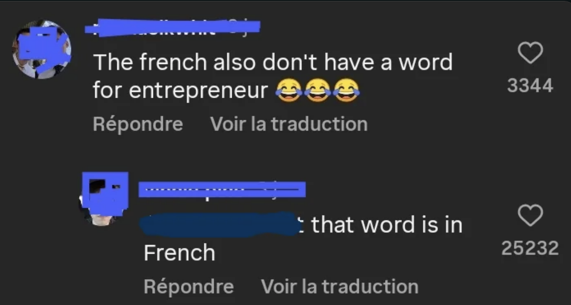 Two social media comments joking about the French word for entrepreneur, with one person not realizing it&#x27;s originally French
