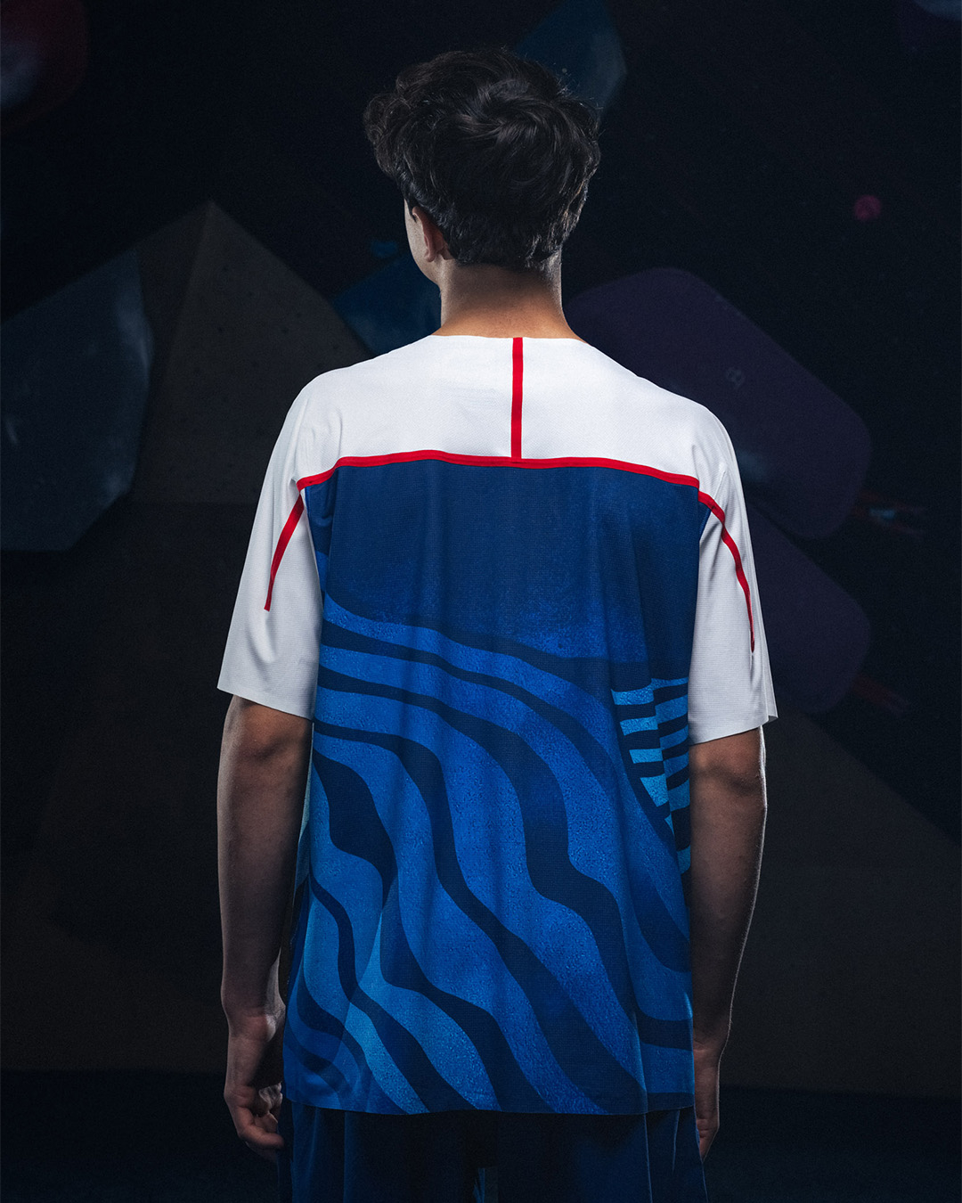 Person in a sporty T-shirt with abstract blue pattern, viewed from the back