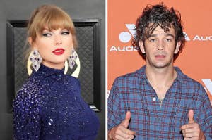 Taylor Swift in a sequined outfit and Matt Healy in a plaid shirt posing separately