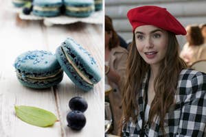 Two images side-by-side; left image shows three blue macarons and some berries, right image features a woman in a red beret and a checkered outfit