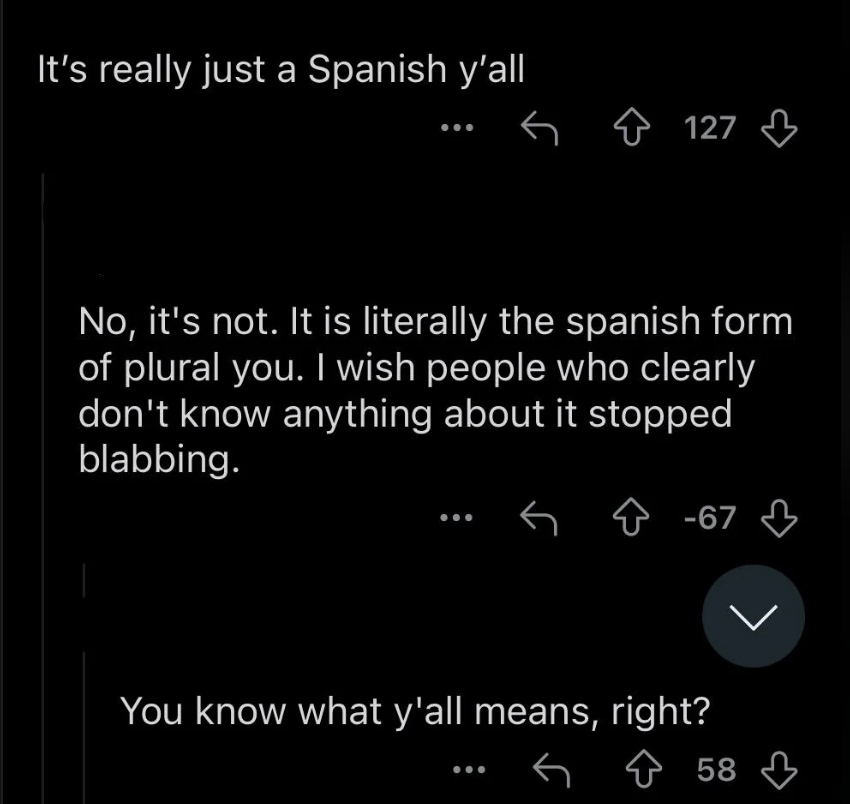 Screenshot of a social media comment thread discussing the Spanish form of &#x27;you all,&#x27; with mixed reactions from users