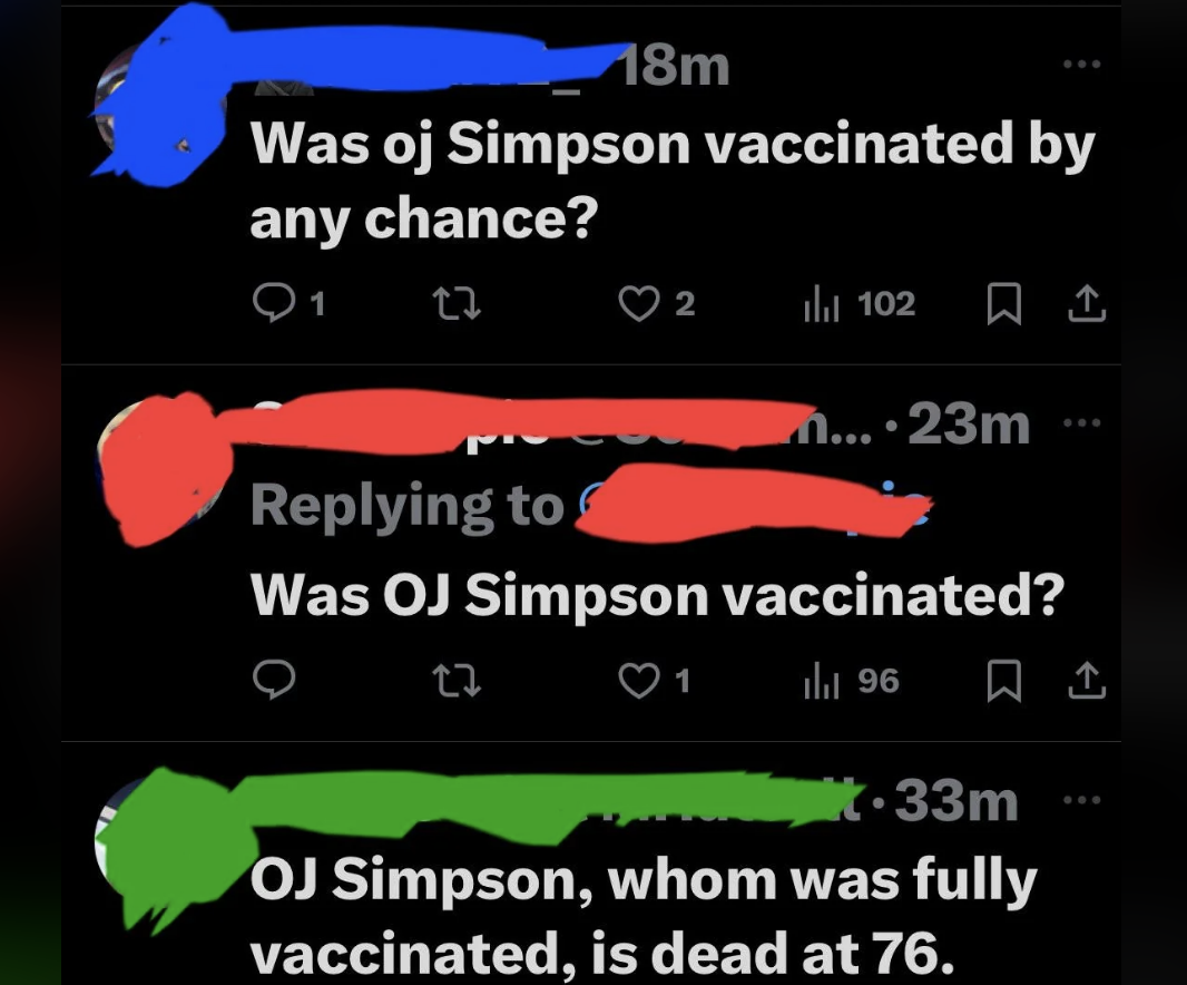 Three social media comments discussing the vaccination status of a referenced individual, with various levels of anonymity
