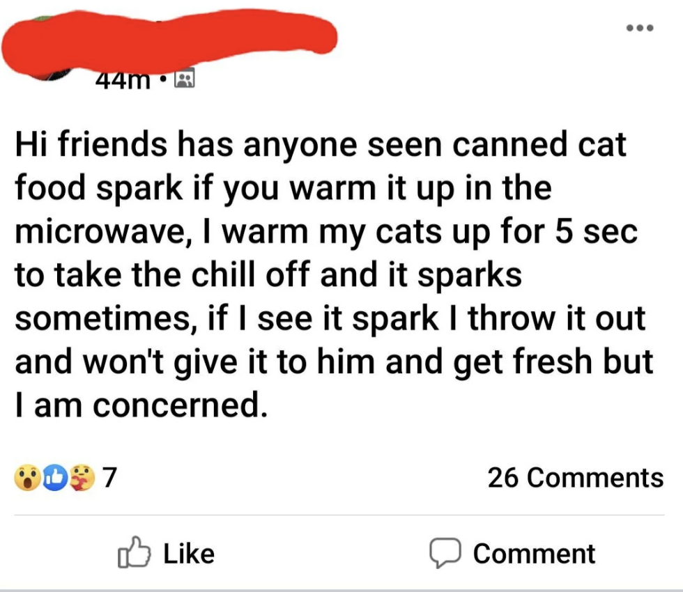 Social media post questioning the safety of warming canned cat food in the microwave due to sparking incidents. Concerned pet owner seeks advice