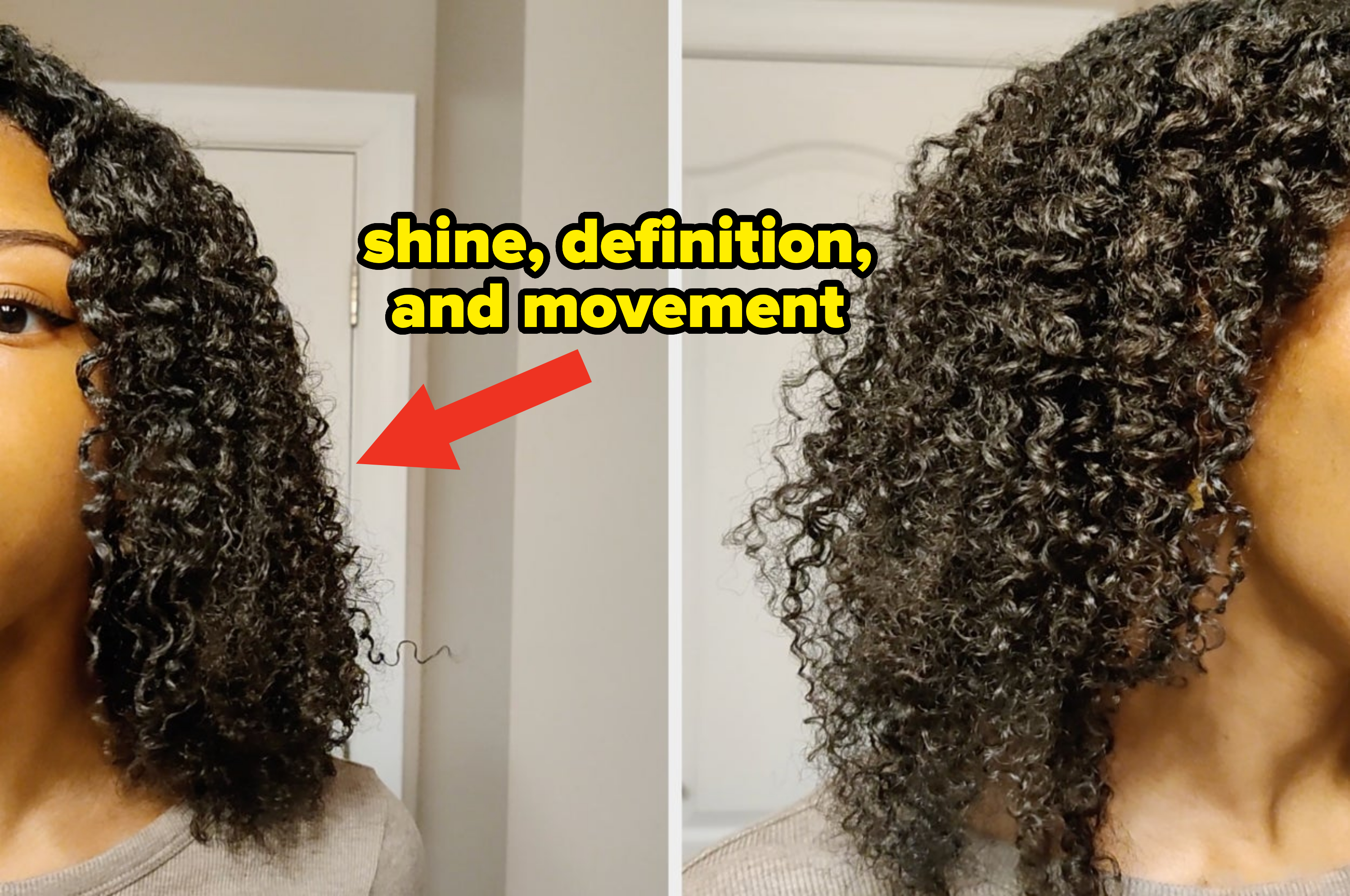Close-up of a person displaying their curly hairstyle, seen from the front and side