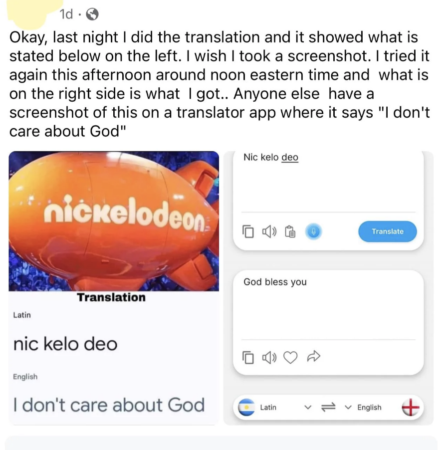 Three screen captures show mistranslations between English and Latin through an app, resulting in nonsensical phrases