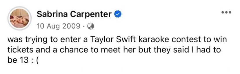 Facebook post by Sabrina Carpenter from 10 Aug 2009 about being too young to enter a Taylor Swift karaoke contest