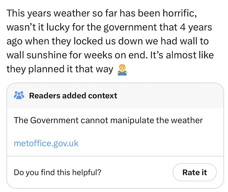 Social media post questioning recent weather patterns, with a link to the Met Office dismissing government weather control theories