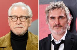 Side-by-side images of actors Harvey Keitel in a brown jacket and black turtleneck, and Joaquin Phoenix in a black suit with a bow tie
