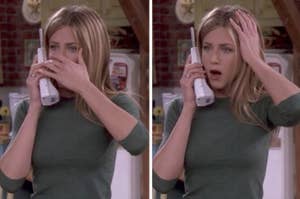 Actress Jennifer Aniston as Rachel Green looking shocked during a phone call on the set of the TV show "Friends."