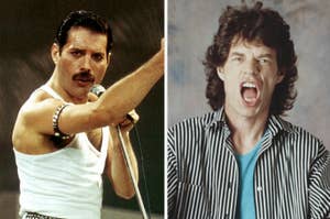Split image of Freddie Mercury performing in a tank top and Mick Jagger in a striped shirt, both singing