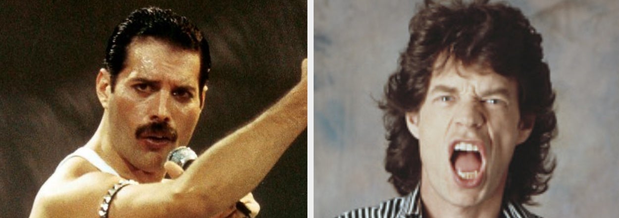 Split image of Freddie Mercury performing in a tank top and Mick Jagger in a striped shirt, both singing