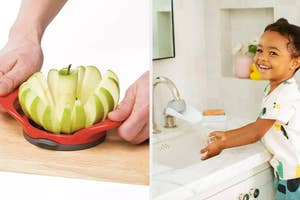 Left: Hand using an apple slicer on counter. Right: Child happily washing hands at sink