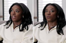 Simone Biles in an interview, wearing a white crewneck with "Owens" on the collar, looking expressive