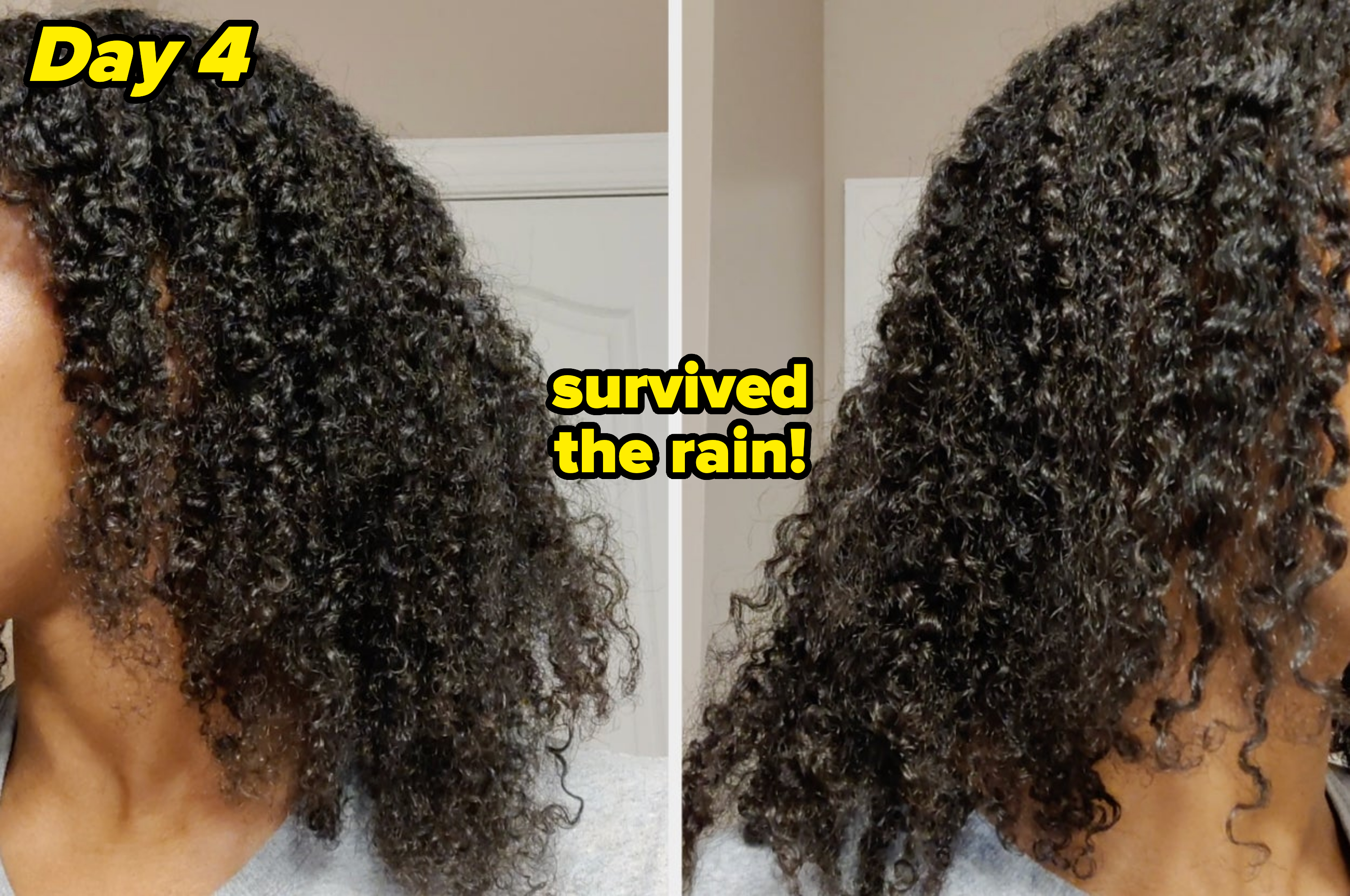 Side-by-side comparison of a person&#x27;s curly hair before and after a defined curl-enhancing treatment