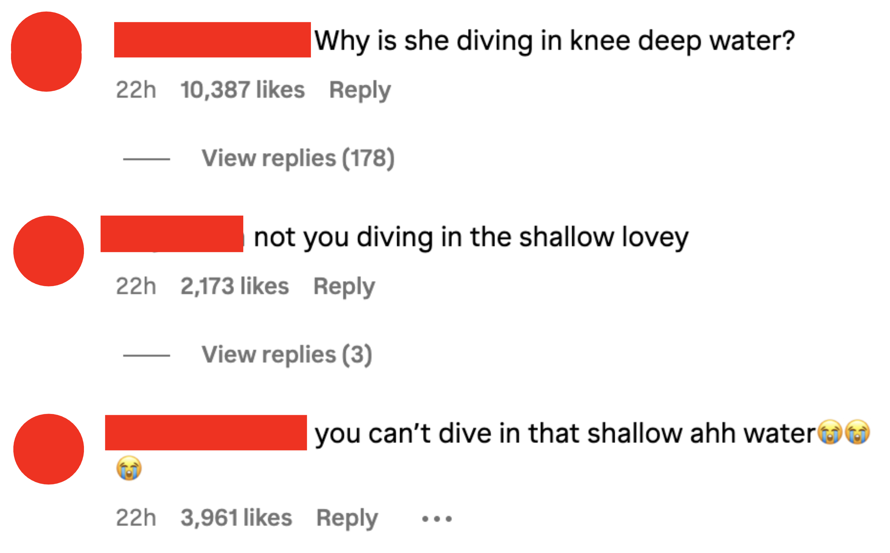 Three Instagram comments questioning why someone would dive in shallow water, expressing disbelief and humor