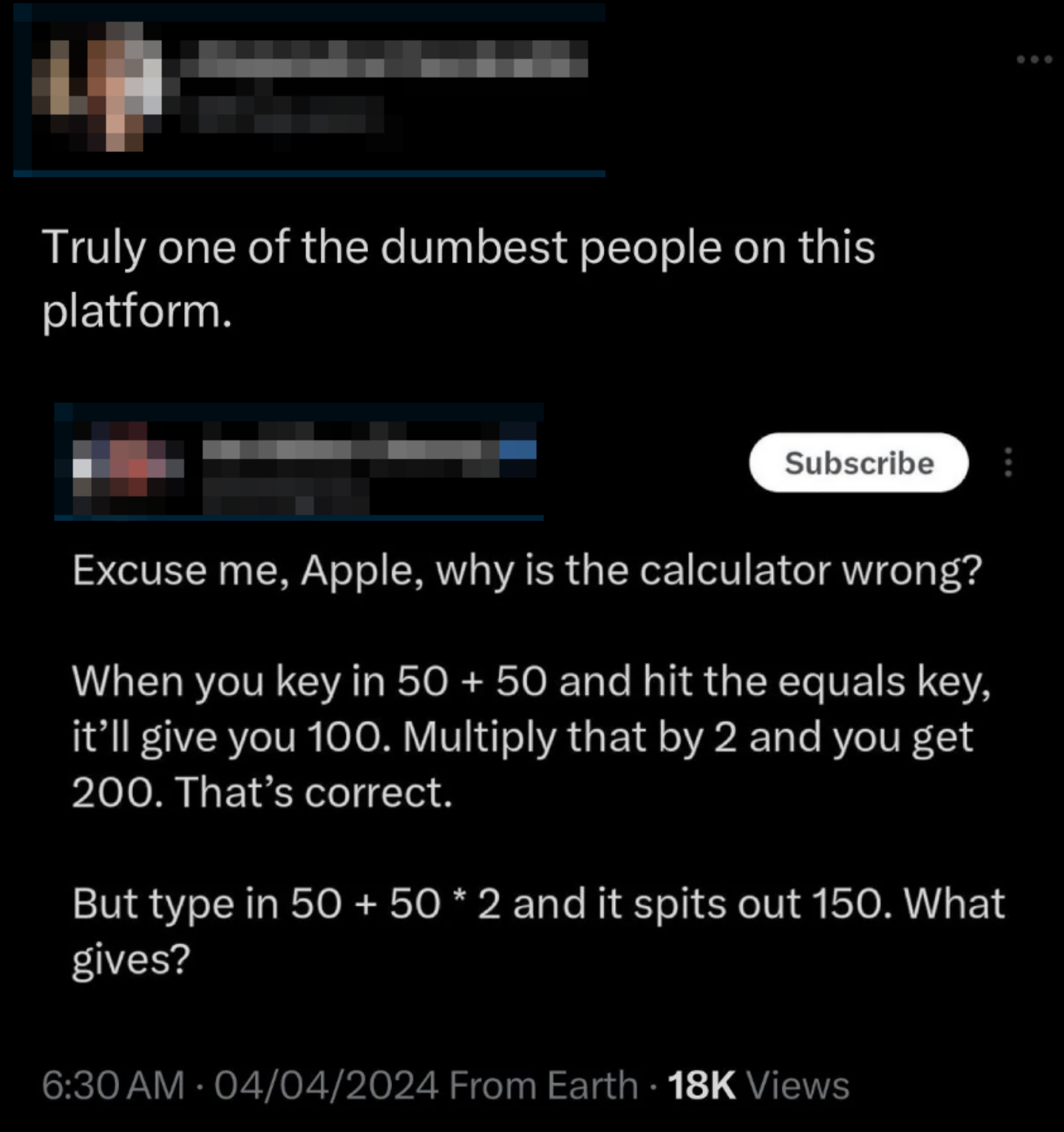 Tweet criticizing a misunderstanding of basic math, questioning a calculator&#x27;s correctness with a flawed addition and multiplication example