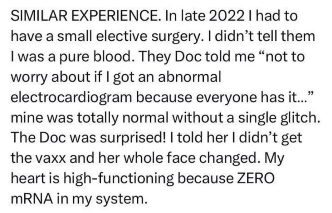 The image contains a text excerpt sharing a personal medical story about not receiving a vaccine and an interaction with a doctor