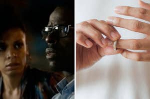 Split image; left side shows Sterling K. Brown and Susan Kelechi Watson on This Is Us, right side shows someone taking off their ring