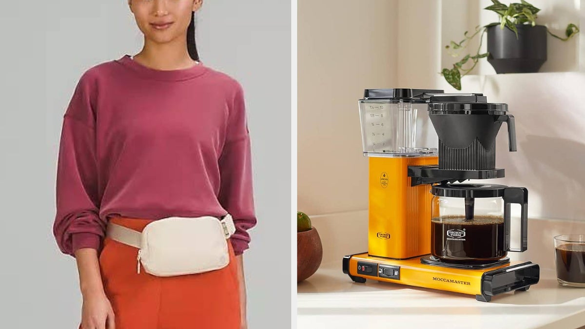 Woman wearing a cream colored lululemon fanny pack next to a Moccamaster coffee maker
