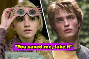 Luna Lovegood with quirky glasses next to a still of Cedric Diggory, with a quote from the film overlaying the image