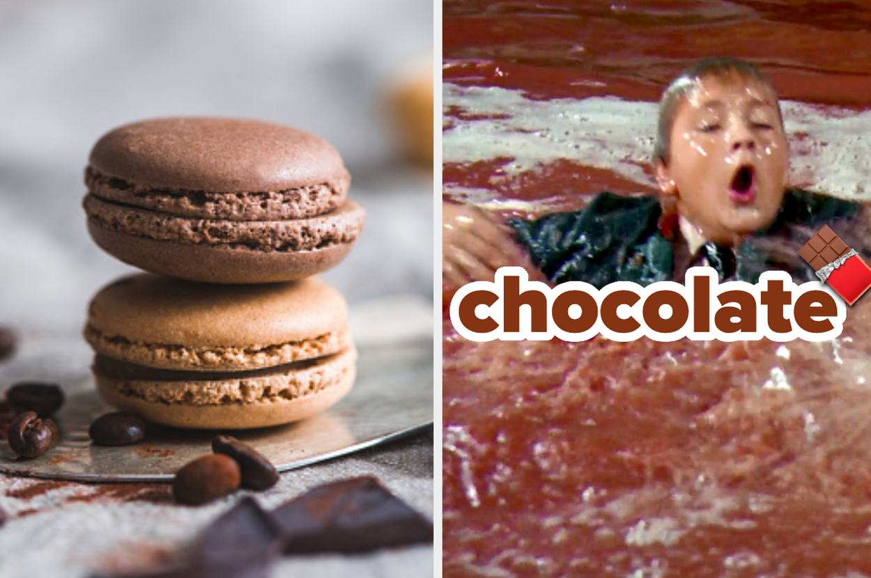 Split image; left shows two stacked macarons with beans, right a boy covered in chocolate, mid-scream