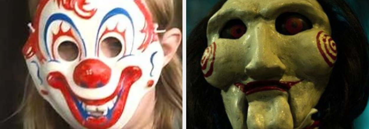 Split image: Young Michael Myers wearing a clown mask in 2007's Rob Zombie version of "Halloween," next to character Billy the Puppet from Saw movies