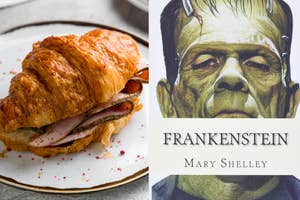 On the left, a ham and cheese croissant sandwich, and on the right, the cover of the book Frankenstein with the monster on the front