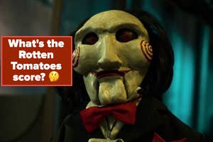 Billy the Puppet from the Saw films, text asks about the Rotten Tomatoes score