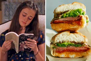 On the left, Rory Gilmore reading a book, and on the right, a deli sandwich stacked