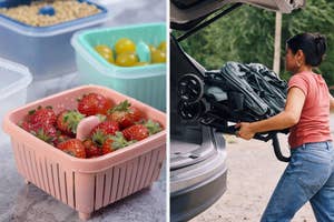 Two images; left shows strawberries in a reusable container, right is a woman loading a foldable stroller into a car