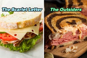 On the left, a turkey sandwich with Swiss cheese, lettuce, and tomato labeled The Scarlet Letter, and on the right, a Reuben sandwich on marble rye labeled The Outsiders