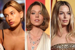 Three female celebrities at events, showcasing different hairstyles and makeup, and wearing elegant necklaces