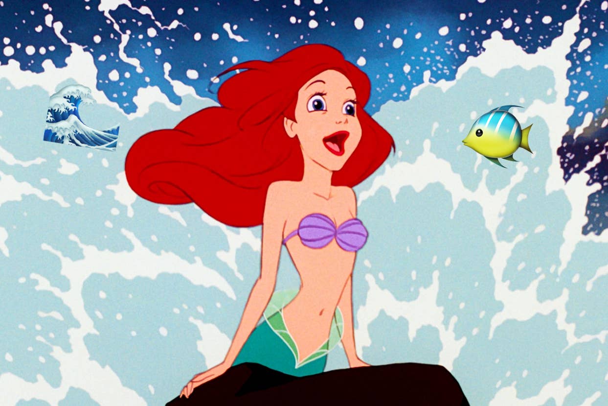 Ariel from The Little Mermaid is sitting on a rock with a wave behind her; Flounder is to the right