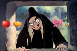 The Evil Queen from Snow White peers menacingly from a window; symbols like an apple, potion, bow, and honey dipper overlay the scene
