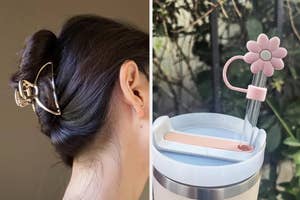 Two images: Left shows a person's side profile with a hair bun secured by a fancy clip; Right displays a pink flower-shaped straw on a tumbler