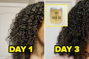 Two side-by-side photos labeled Day 1 and Day 3 show the same person's curly hair, with a jar of hair gel featured in the middle