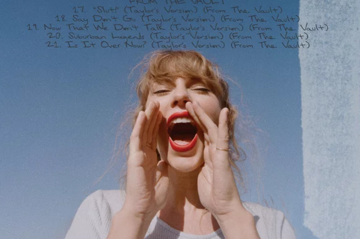 Taylor Swift shouts with hands around her mouth; the background is a list of her album's songs